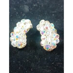 Vintage Sparkle Aurora Borealis Crystal Bead Semi Circle Beauty Clip On Earrings